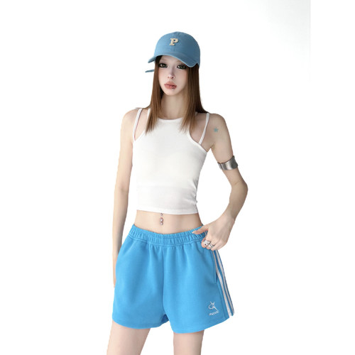 徐大方简约运动风短裤女2026夏装新款蓝色松紧腰显瘦百搭休闲裤子
