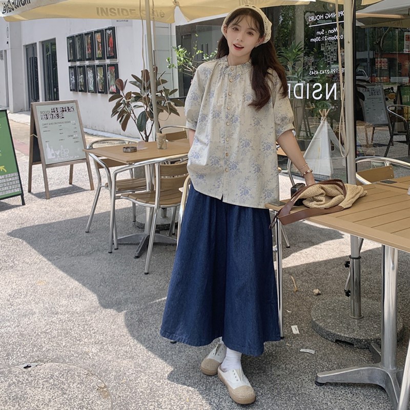 大码女装2024夏季胖mm复古文艺宽松木耳圆领碎花衬衫+牛仔阔腿裤