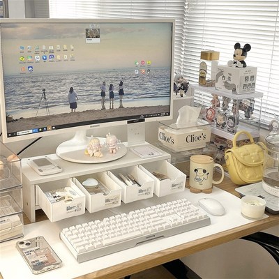 台式电脑增高架带抽屉办公桌收纳办公室工位神器桌面置物架收纳层