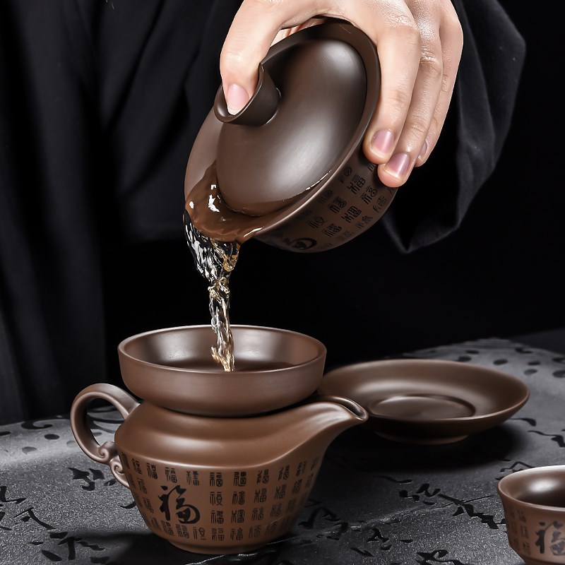 万福半手工紫砂盖碗仿手绘工艺三才碗原矿砂泡茶碗大号敬茶杯家用