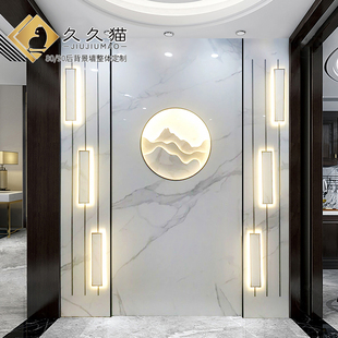 轻奢入户玄关岩板瓷砖大理石过道石材背景墙水刀叠层灯带 新中式