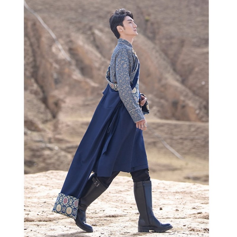 2024藏袍男款藏族中国风绣花男衬衣花边藏袍长款传统舞蹈舞台套装