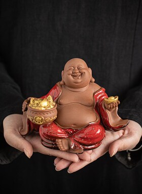 禅意紫砂招财弥勒佛摆件新中式家居茶室茶桌面大肚弥勒笑佛装饰品