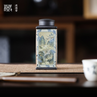 朴云堂缠枝莲青山鹤茶叶罐