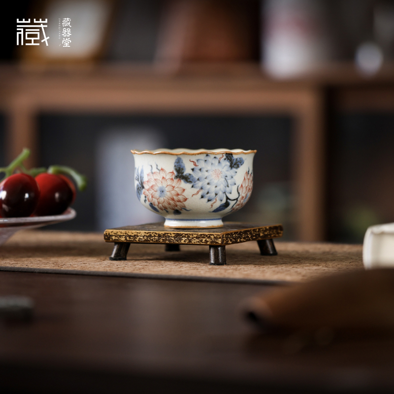 藏器堂朴云堂茶杯茶具青花红莲韵葵口杯花口杯主人杯复古家用茶具