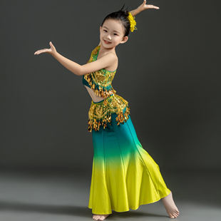 儿童傣族舞蹈服装 练功裙表演服鱼尾裙 演出包臀女童艺考练习裙修身