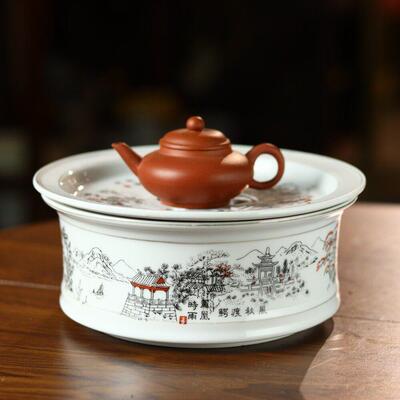 潮汕茶盘墨彩潮州八景茶船储水茶池圆形中式干泡盘功夫茶具