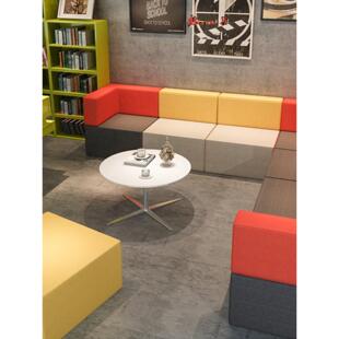 科技布长条实木培训机构前台休闲休息区接待办公沙发茶几组合