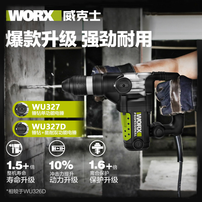 威克士327d多功能电锤wu326工业级大功率电捶we320双用worx冲击钻