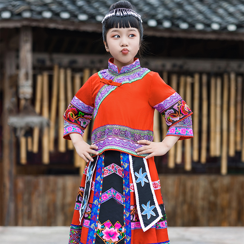 儿童壮族演出服少数民族广西壮族三月三男女童舞蹈表演服壮族服装