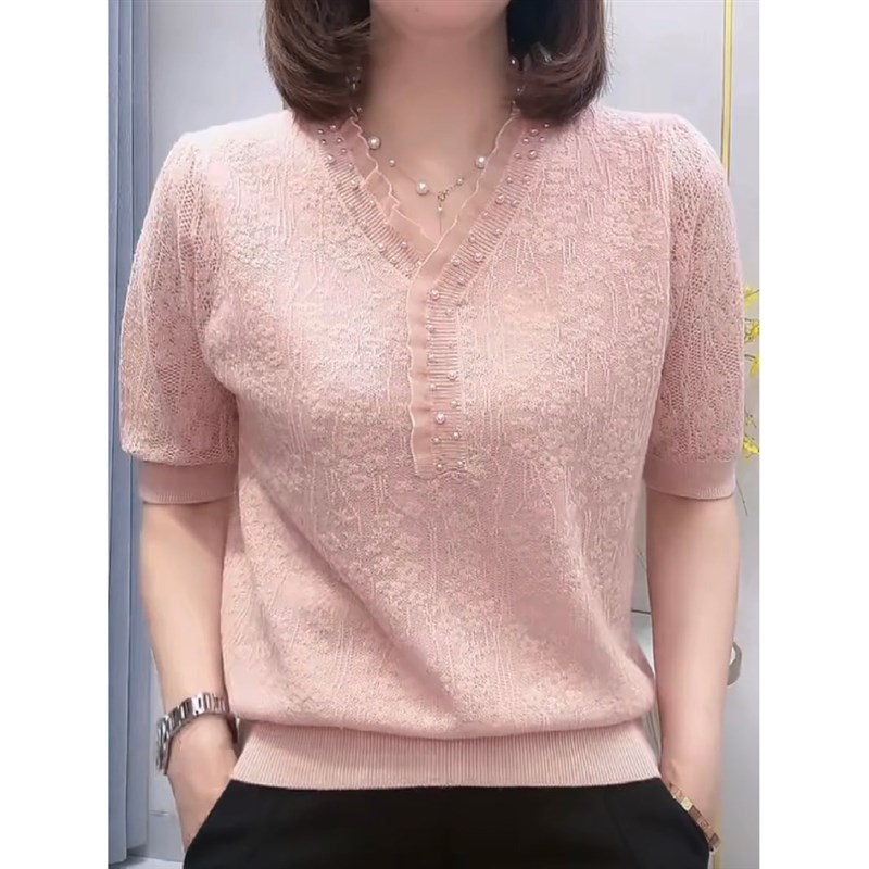 气质v领钉珠提花针织衫春夏装蕾丝短袖t恤女2025新款打底内搭上衣