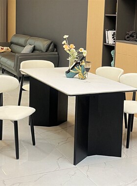 Rtd意式简约黑色岩板餐桌椅高级现代黑胡桃长方形覆古餐桌家用小