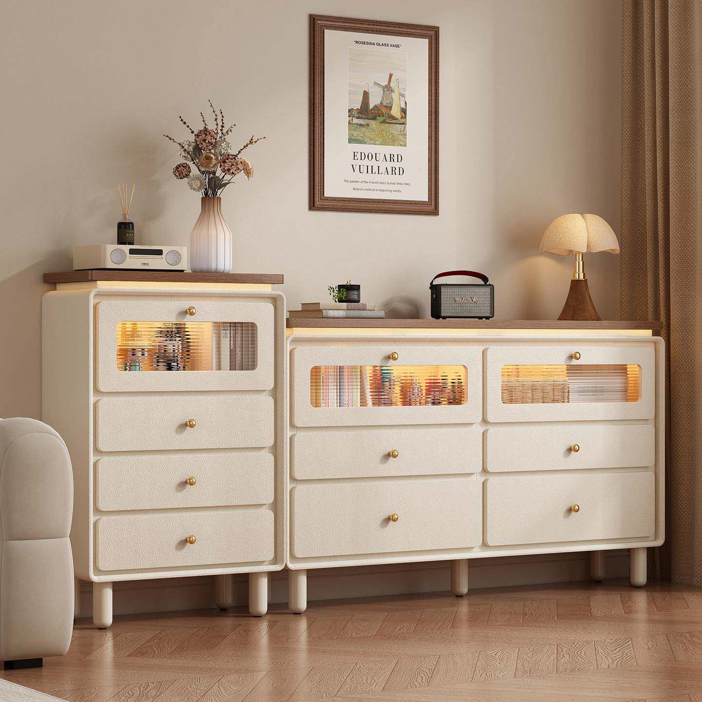 奶油风实木六斗柜卧室靠墙储物柜客厅墙边斗柜35cm深五斗橱收纳柜