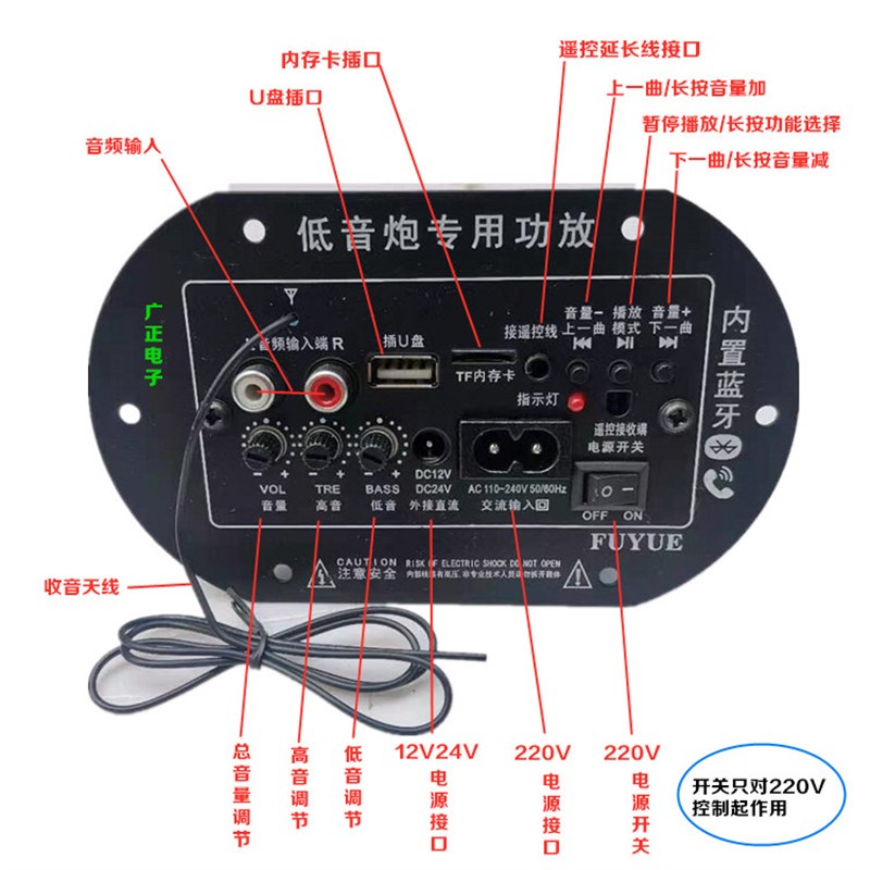 6寸8寸10寸蓝牙大功率功放板炮芯12v24V220V车载家用通用主板
