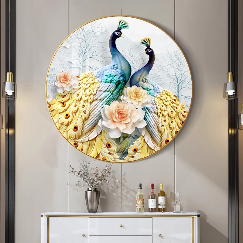 孔雀圆形进门玄关装饰画现代轻奢客厅背景墙挂画卧室走廊餐厅壁画图片