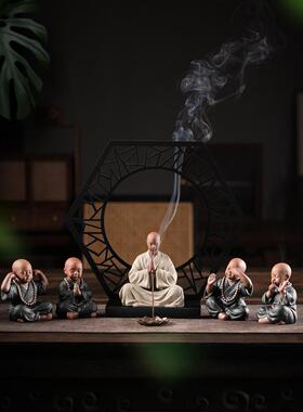 九造陶瓷四个小和尚禅宗摆件茶室景观茶几桌面人物摆件别说小新手