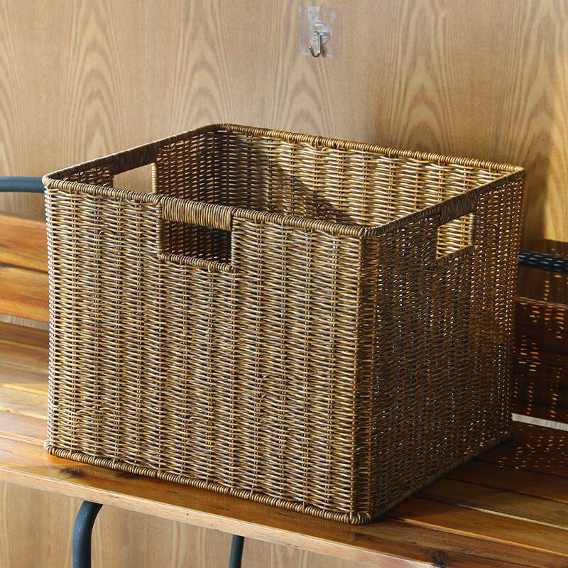 复古简约格子柜仿藤盒抽屉储物筐INS风杂物收纳箱编织篮子大号