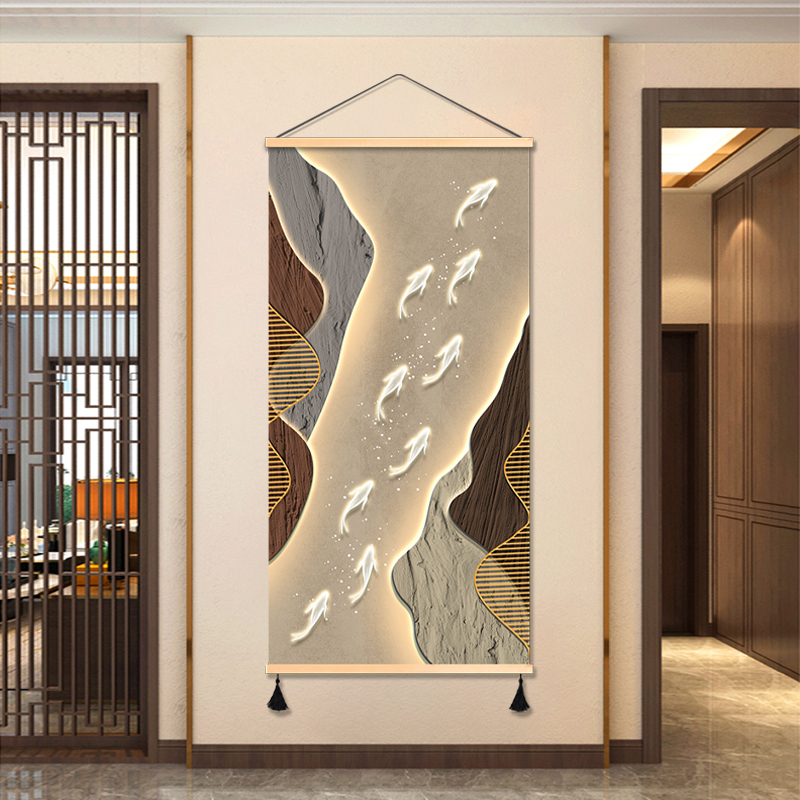 轻奢玄关九鱼图大气现代装饰画走廊挂画布艺免打孔壁画挂布背景布图片