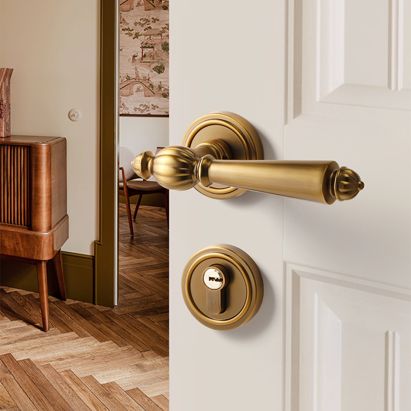 黄古铜卧室门锁室内法式复古门把手房间木门锁磁吸静音分体房门锁