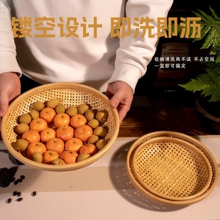 高山楠竹制沥水篮家用手工编竹筛圆簸箕厨房家用水果洗菜篮馒头框