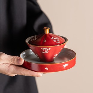 红色汝瓷盖碗陶瓷功夫茶具配件家用小泡茶壶茶杯喝茶托盘 新品
