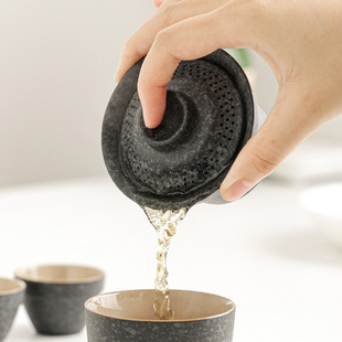 青石釉陶瓷二才盖碗茶杯家用单个防烫手抓壶带盖带滤孔泡茶碗