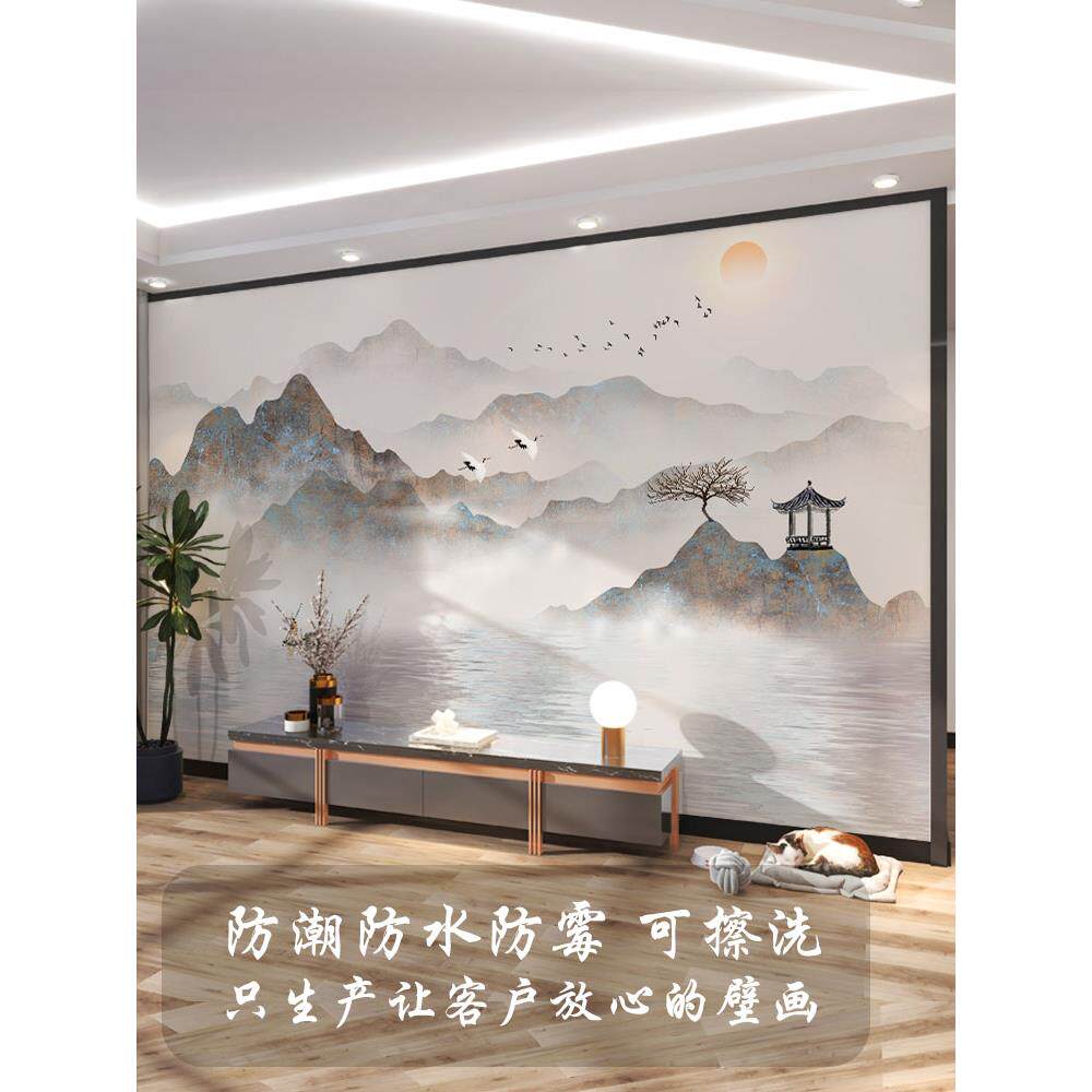 墙纸新中式3D立体水墨山水画电视背景墙壁纸客厅壁布影视墙布壁画