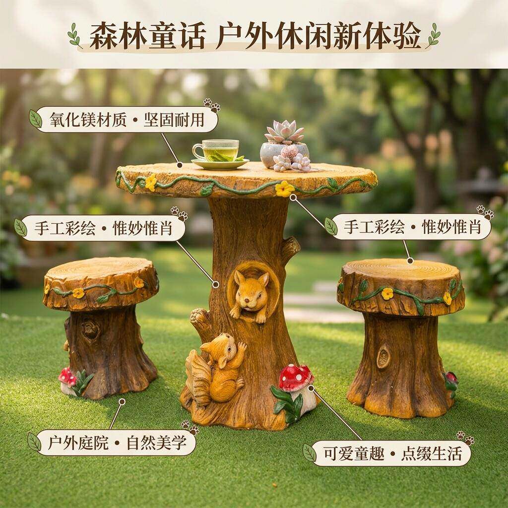 户外庭院花园院子公园幼儿园松鼠树桩氛围感桌子凳子装饰摆件