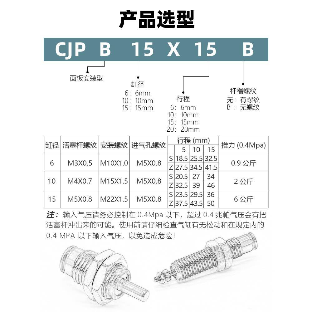 微型单动MPE8/12针型外螺纹单作用迷你小气缸CJPB4x5/6x10-15-20B