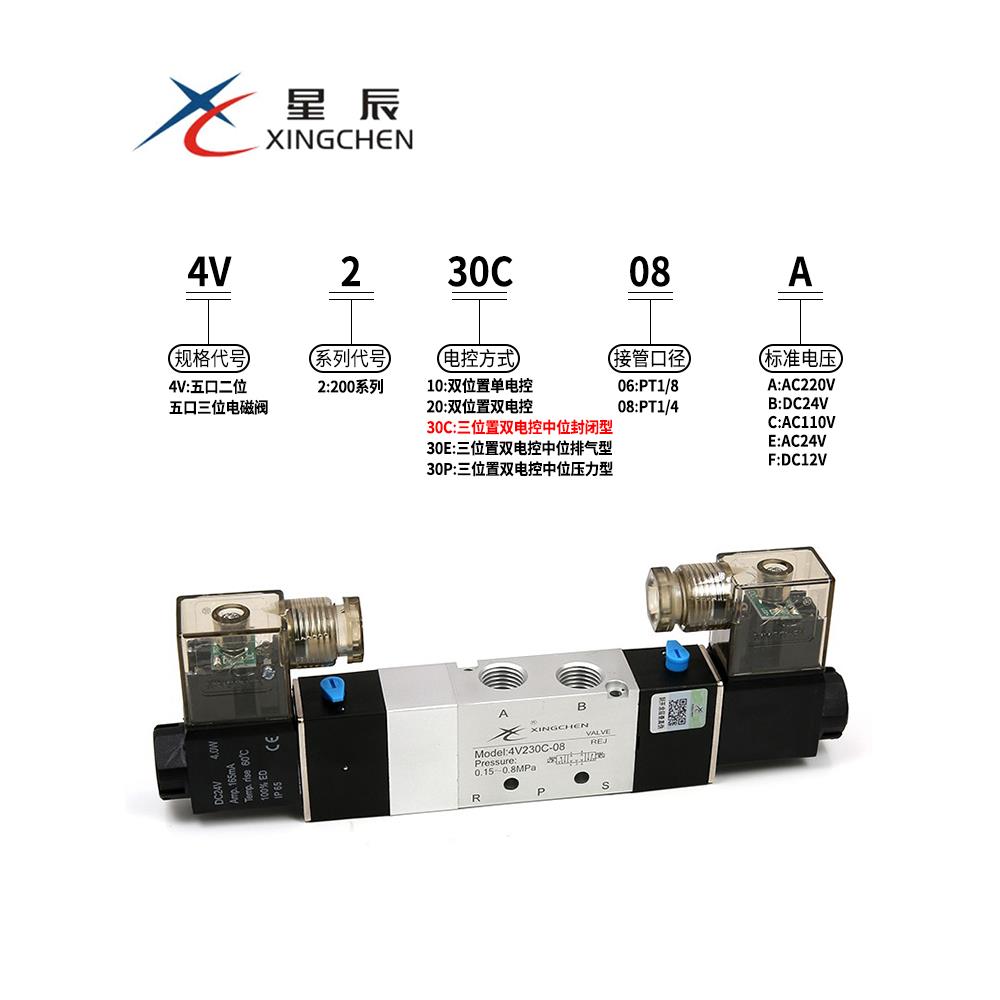 星辰4V130-06/4V230C-08/4V330C/430C三通五位双电控封闭式电磁阀