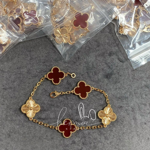 新款四叶草五花手链女镀18k黄玫瑰金红蓝紫色镭射满钻轻奢高级感