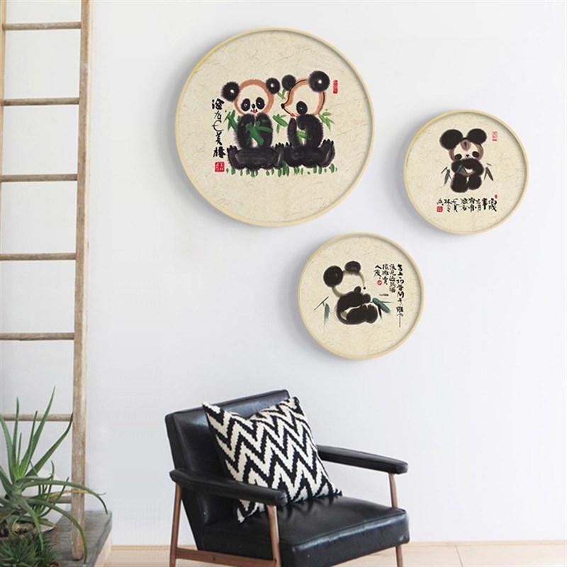 现代新中式卡通可爱水墨动物装饰画客厅餐厅玄关墙壁画圆形框挂画图片