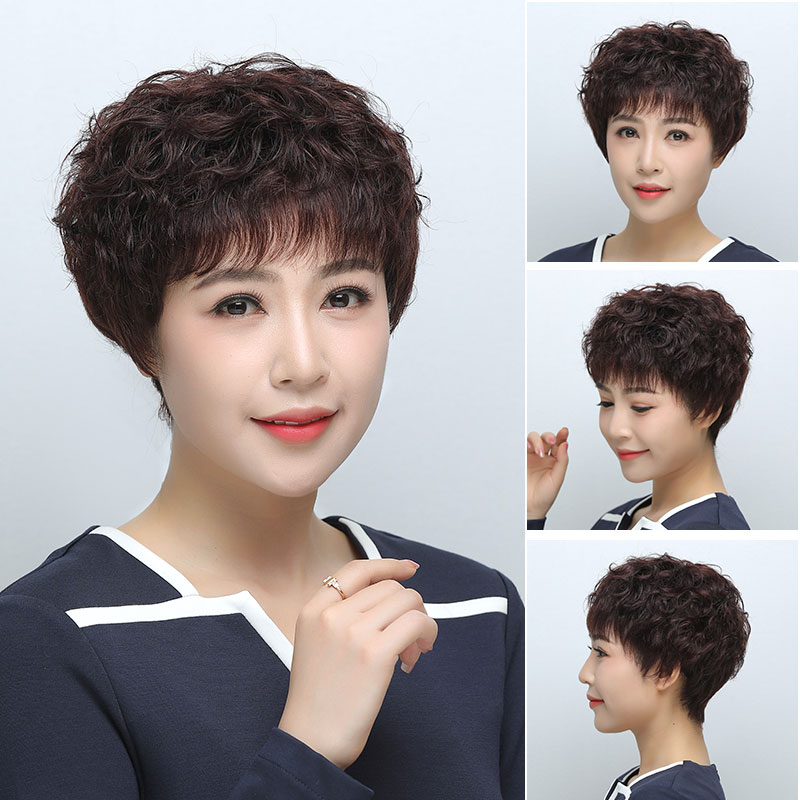 假发真发全真人发短发女全手织头套中老年女士妈妈自然短卷发发套