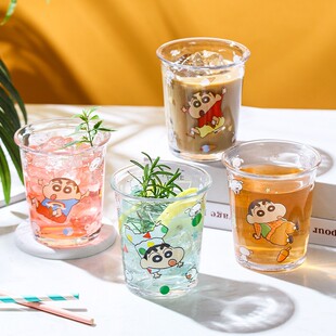 蜡笔小新反口玻璃杯女生高颜值家用喝水杯子可爱情侣办公室咖啡杯