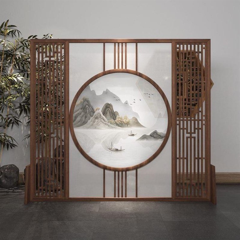 新中式进门入户实木栅栏屏风隔断装饰遮挡客厅大堂背景隔断墙座屏