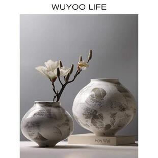 侘寂风中式禅意手绘艺术扫画纹白色釉陶大号陶罐花瓶装饰品摆件