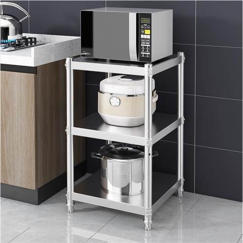 不锈钢厨房置物架家用落地三层收纳锅架微波炉架子烤箱架储王涛一