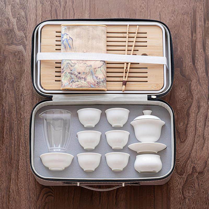 手工羊脂玉白瓷盖碗旅行茶具陶瓷家用便携式户外露营旅行功夫茶具,餐饮具,旅行茶具,淘宝优惠券,粉丝福利购,淘宝优惠卷