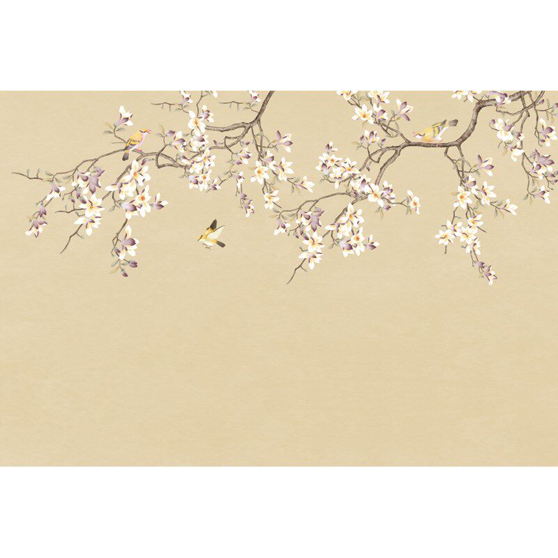 电视背景墙壁纸现代中式客厅卧室花枝墙手绘花鸟墙纸定.制壁画墙