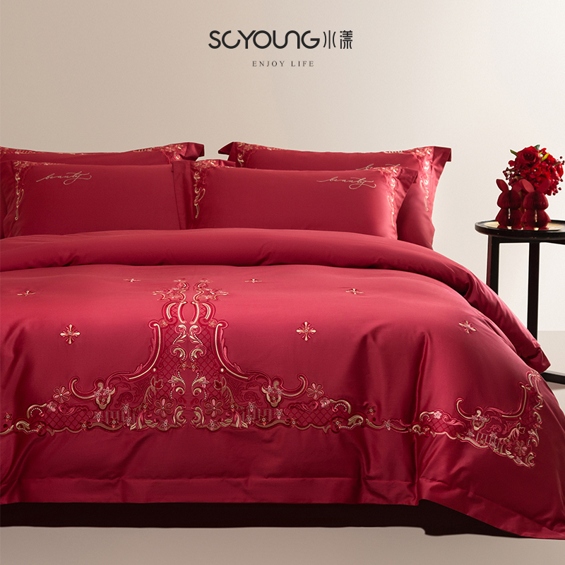 欧式100S长绒棉结婚四件套红色纯棉全棉床单刺绣被套婚庆床上用品