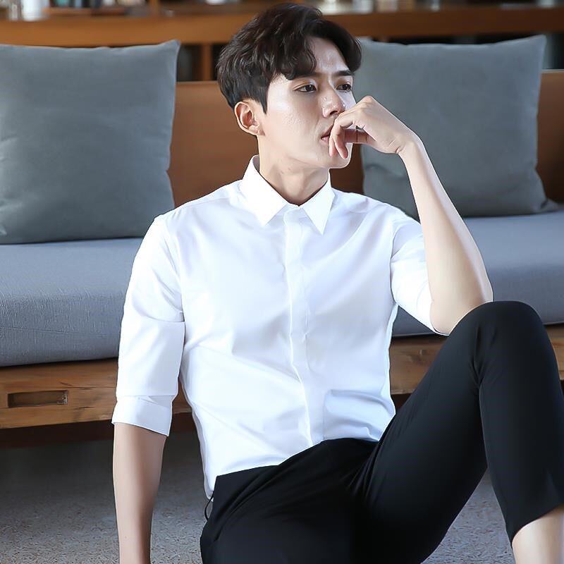高档七分白袖衬衫男色商修务职业正装夏季工作服工中袖身装半袖白