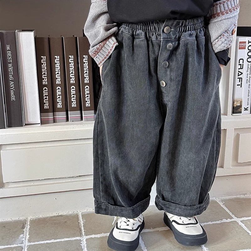 暮晨家新款春装2025男童做旧洗退工艺直筒裤中小童宽松阔腿裤长裤