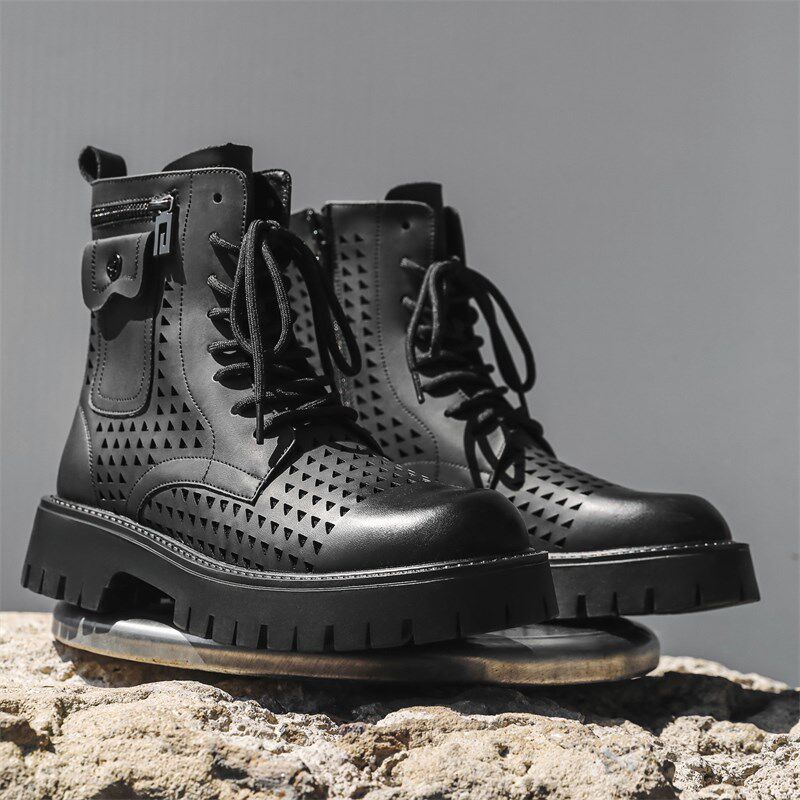 镂空马丁靴男鞋2025夏季透气薄款高帮机车靴子男士厚底内增高短靴