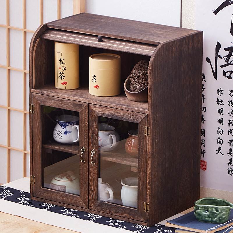 桌上实木茶壶茶具置物柜防尘收纳柜茶柜厨房台面收纳柜子迷你碗柜