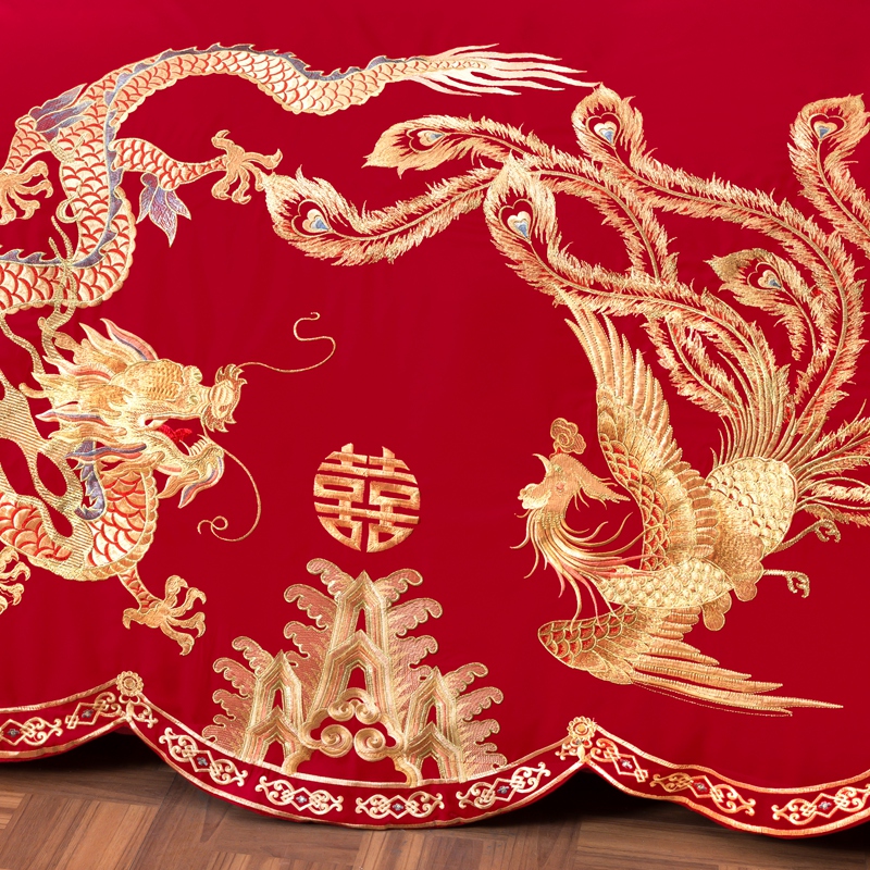 结婚床上用品四件套新婚床喜嫁被套红色婚庆被罩婚嫁龙凤刺绣喜字