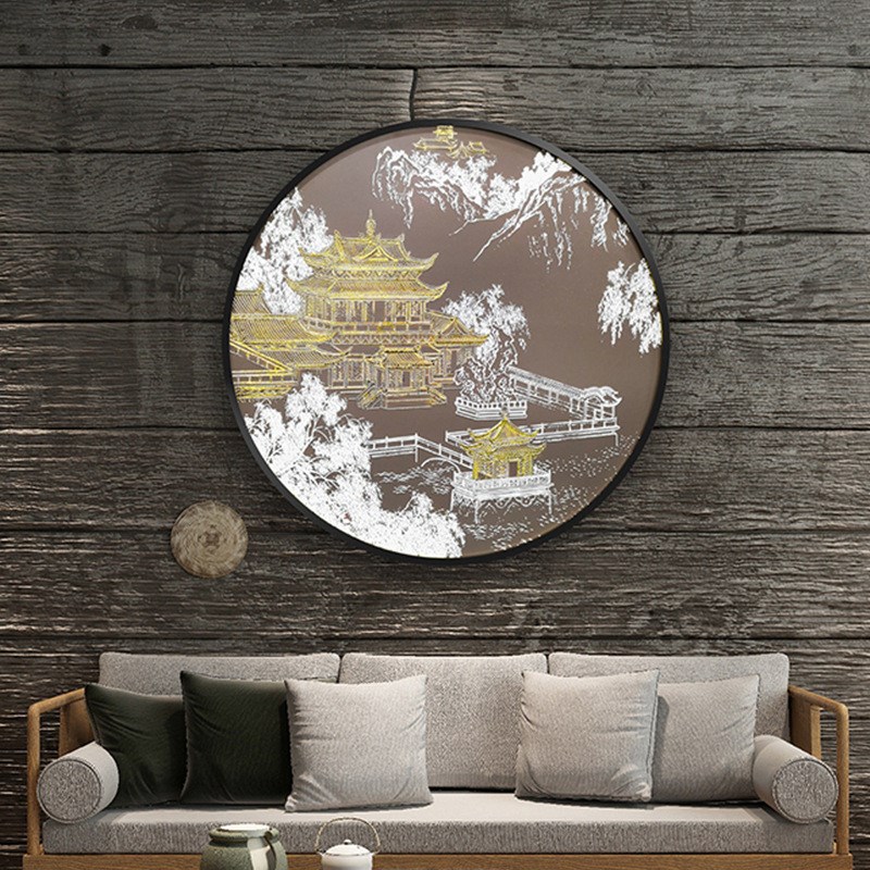 新中式玄关装饰画酒店圆形宫廷建筑挂画浮雕肌理立体金箔工艺画图片