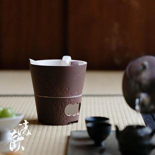 清欢 家用烧烤碳火炉陶炉 全手工枣红陶泥碳炉 太湖石寒梅风炉
