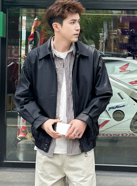 翻领PU黑色皮夹克2025新款春秋季宽松百搭日常休闲上衣外套皮衣