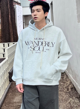 零界素380g重磅白花灰色字母印花连帽卫衣男生秋季休闲宽松外套