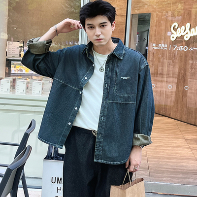 2025年新款美式复古牛仔衬衫外套男款春秋季长袖重磅水洗男士外套